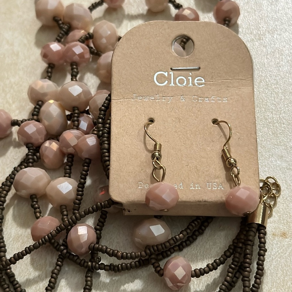 Pink AB Faceted Beads with Bronze Seed Beads Necklace and Earrings Set